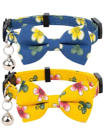 Collar for Cat Pet Breakaway with Bell Bowtie Detachable Bow Adjustable Safety Kitten Puppy Girl Boy 2pcs Flower-Blue & Yellow - color: Flower-Blue & Yellow