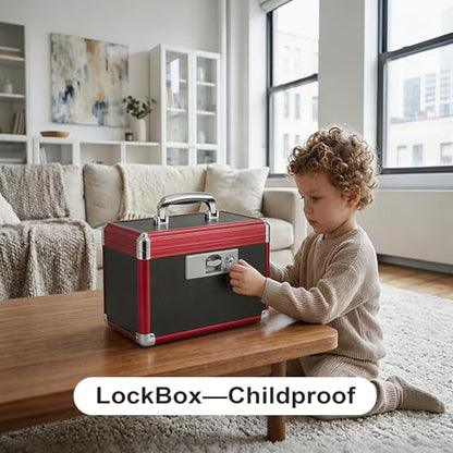 Medicine Lock Box with Key Lock - 12" Hard Case First Aid Safe Medication Storage with Removable Tray & Pockets for Pills, Home, Car & Outdoor - Black Red [with Strap] - size: Medium