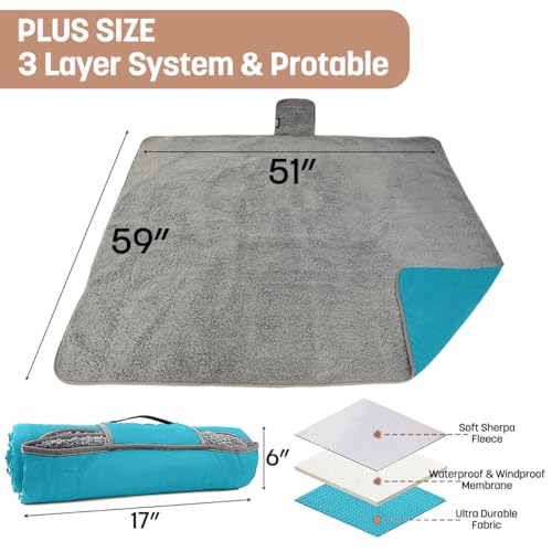 Tirrinia Waterproof Outdoor Blanket with Sherpa Lining, Windproof Foldable - color: Aqua/Grey, size: 51” x 59”