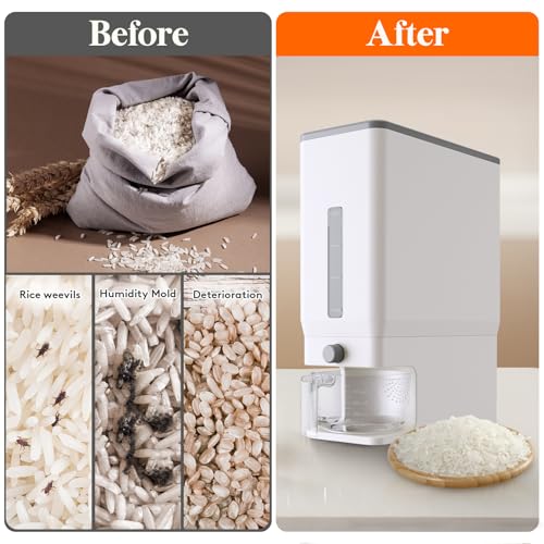 Lifewit Rice Dispenser 25 Lbs, Airtight Storage with Measuring Cup, White - color: White