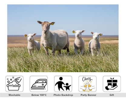 7x5ft Fabric White Wool Sheep Family Backdrop Four Fluffy Lambs Tall Green Grass Blue Coast Sky Photography Background Tapestry Party Farm Animal Decorations Photo Booth Props - size: 7x5ft