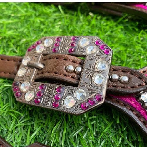 Western One Ear Leather Headstall and Breast Collar Tack Set with Rhinestones, Pink Silver Metallic Acid Wash Cowhide Look, Full Average Size Horse
