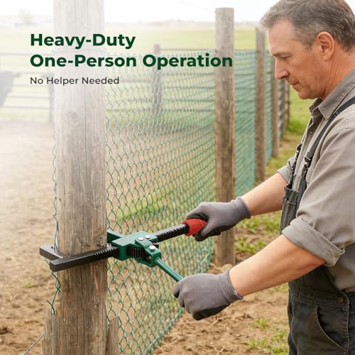 Chain Link Fence Puller Tool, Heavy-Duty Ratcheting with 9-Inch Stretcher | 9" ratchet travel, 5° tilted base & hooked groove. Pulls woven/barbed wire. One-person pulling tool for farm, ranch, garden