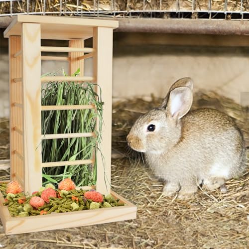 Rabbit Hay Feeder Wooden Bunny Hay Rack Guinea Pig Feeding Manger Standing Rabbits Grass Holder Small Animals Less Waste Food Dispenser for Chinchillas Hamsters Bunnies Gerbil