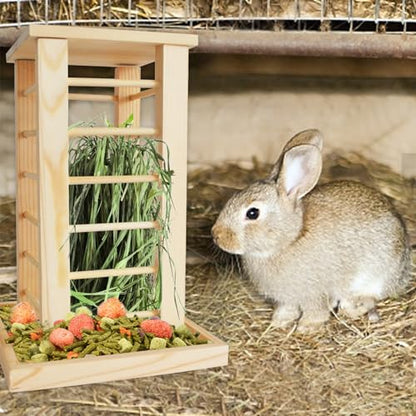 Rabbit Hay Feeder Wooden Bunny Hay Rack Guinea Pig Feeding Manger Standing Rabbits Grass Holder Small Animals Less Waste Food Dispenser for Chinchillas Hamsters Bunnies Gerbil