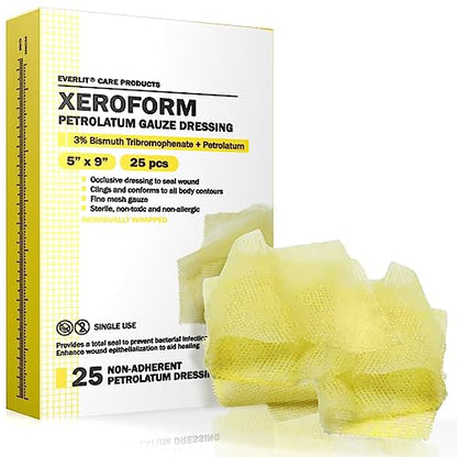 EVERLIT Xeroform Petrolatum Dressing | Sterile, Non-Adherent Occlusive Fine Mesh Gauze Pad | Non-Toxic, Gentle Patch for Burns, Laceration, Surgical Incisions & Skin Grafts (5" x 9" | Pack of 25) - size: 5" x 9" | Pack of 25