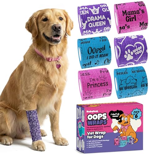 Funny Vet Wrap for Dogs, 2in Self-Adhesive Bandage Tape, 6 Pack Girls | Dog first aid kit supplies; Hot Spot & Wound Wrap; Breathable; Easy Tear; Individually Wrapped; Sticks to Itself, Not Fur - color: Drama Queen (6 Count)