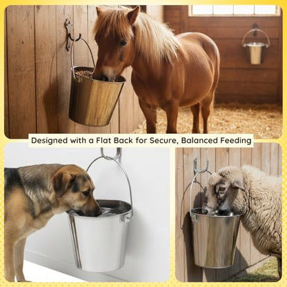 9 quart Stainless Steel Flat Side Bucket | 2.25 gal Durable Heavy Duty Food & Water Feeding Pails for Dog Goat Sheep horse | Fits kennel Cage Critter Crate Hanging Pet Pail | Multipurpose - size: 9 Quarts