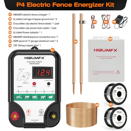 P4 Electric Fence Energizer Smart Fencing System with grounding Systems kit and Wiring Kits,Ideal for Poultry, Livestock, and Preventing Wild Animals Intruding