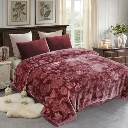 JML Plush Fleece Blanket 87" x 94", 10.5 Pounds Korean Style Mink Blanket King Size for Winter - Soft and Warm, 2 Ply A&B Printed Embossed Raschel Bed Blanket (Flowers Branches Woodrose) | Korean Style, 2 Ply, A&B Printed Embossed, Soft, Warm for Winter (