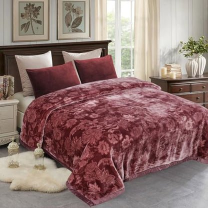 JML Plush Fleece Blanket 87" x 94", 10.5 Pounds Korean Style Mink Blanket King Size for Winter - Soft and Warm, 2 Ply A&B Printed Embossed Raschel Bed Blanket (Flowers Branches Woodrose) | Korean Style, 2 Ply, A&B Printed Embossed, Soft, Warm for Winter (