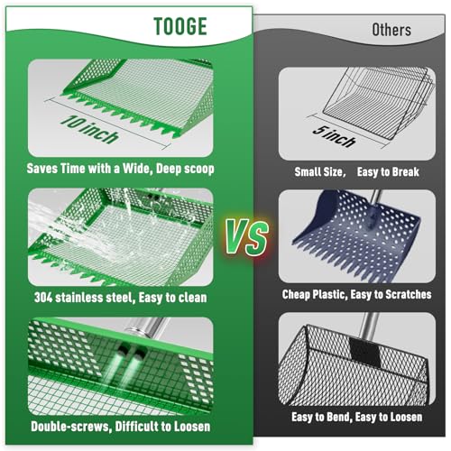 TOOGE Large Chicken Poop Scooper: 2-in-1 Metal Pooper Scooper & Rake Adjustable 62" Long Handle Stainless Steel Sand Sifting Litter Shovel Chicken Coop Scoop Cleaning Tool for Goat Yard Bright Green