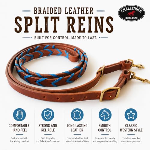 CHALLENGER 8' Horse Western Leather Latigo Laced Barrel Contest Reins 66RT10 - color: Tan Royal Blue