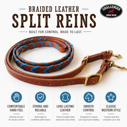 CHALLENGER 8' Horse Western Leather Latigo Laced Barrel Contest Reins 66RT10 - color: Tan Royal Blue