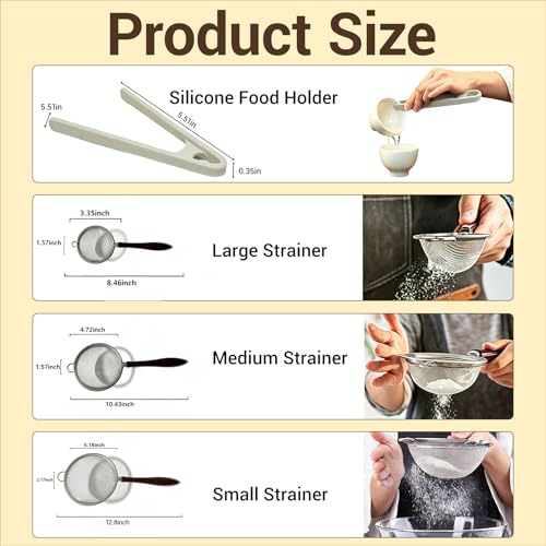 3 Pack Fine Mesh Strainers with Silicone Tongs, Stainless Steel Sieve Set with Wooden Handle, Small/Medium/Large Food Strainers for Baking Flour, Baby Food, Juice, Soy Milk, Kitchen Cooking