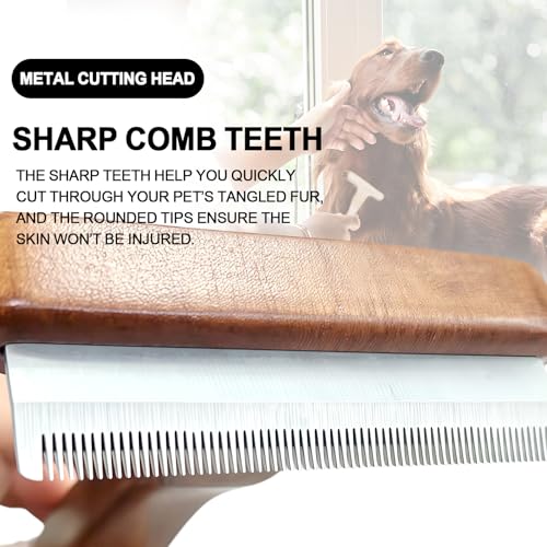 MaximiLian Medium T-Shaped Deshedding Dog Brush with Solid Wood Handle | Stainless Steel Blades,Undercoat Rake for Dogs&Cats,Dog Brush for Shedding,Pet Deshedding Tool,Remove Loose Hair Mats Tangles