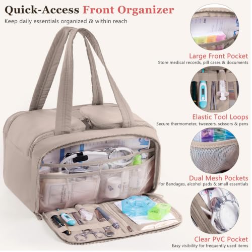 Travel Medicine Storage Bag with 2 Compartments, Wide-Mouth Medical Organizer, Puffy Lightweight First Aid Bag for Prescription Bottles, Pill Cases, Medical Supplies & Family Emergency Essentials - color: Greige