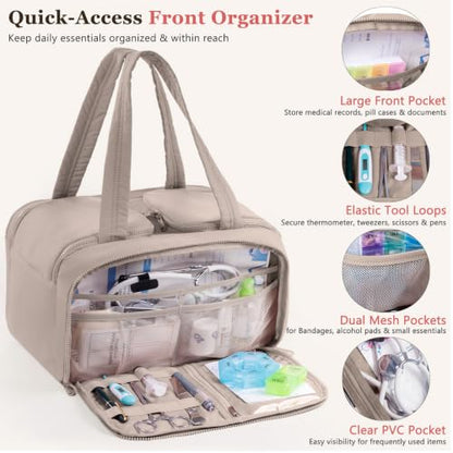 Travel Medicine Storage Bag with 2 Compartments, Wide-Mouth Medical Organizer, Puffy Lightweight First Aid Bag for Prescription Bottles, Pill Cases, Medical Supplies & Family Emergency Essentials - color: Greige