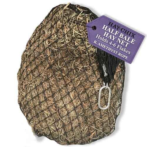 hay chix Hay Nets for Horses + Bucket Strap Bundle | 1- Half Bale Net 1 3/4” | Slow Feed Hay Bag Feeder and 1 - Bucket Strap for Hanging Water Bucket or for Barn Organization 14”, Redemption Amethyst