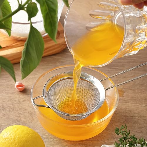 2 Pack Fine Mesh Strainers, Mini Stainless Steel Strainer with Handle for Kitchen, Metal Sieve Sifters for Straining Tea, Matcha, Cocktail, Juice and Coffee (8.6in 7.5in)