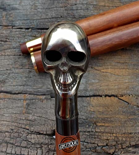 Brass Handle Victorian Telescope Foldable Wooden Walking Stick Cane Ideal Vintage Gift Men Women Father/Mother - style: Skull