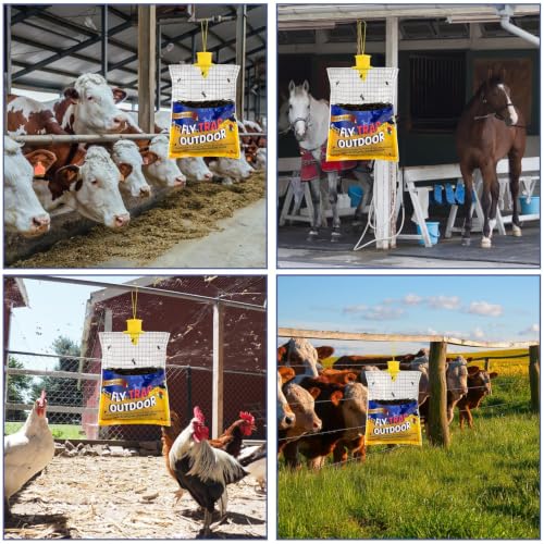 4 Big Fly Bags Outdoor Traps Hanging for Patio - Pre-Baited, Disposable | Fly Catcher Killer Repellent with 4*50g Bait for Outside in Chicken Coop, Horse Barns | Easy to use | Durable | Effective - size: 4 Pack