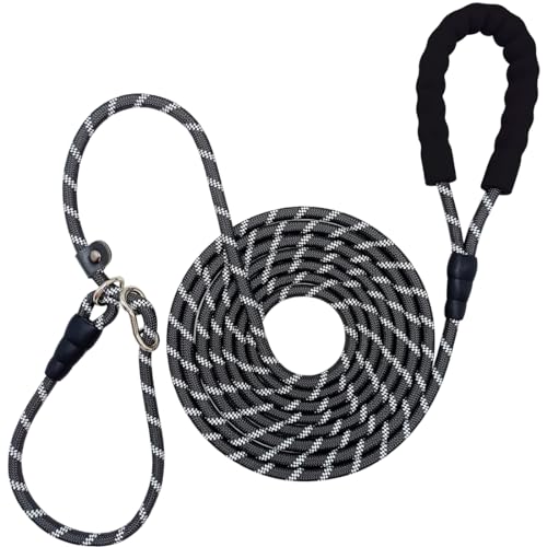 12FT 20FT Anti-Choking Long Training Lead, Reflective 3/8" Slip Lead Rope Dog Leash with Padded Handle, No Pull Leash for Medium Large Dogs (20ft, Black) - color: Black, size: 3/8in x 20ft