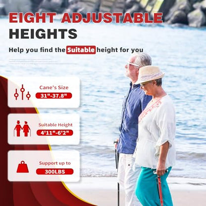 BeneCane Walking Cane for Women Folding Cane for Men with Two Led Lights Quad Cane with Stable Base Lightweight and Adjustable Walking Stick - color: Carved Red