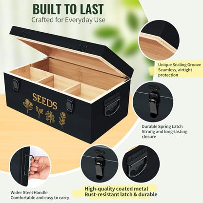 Large Bamboo Wood Seed Storage Organizer Box with Lid, Double-Layer Seal Design Seed Saving Box with Premium Coated Safety Lock, Handles, Extra Seed Envelopes and Labels, Great Gifts for Gardener - color: 3.Black(Large)
