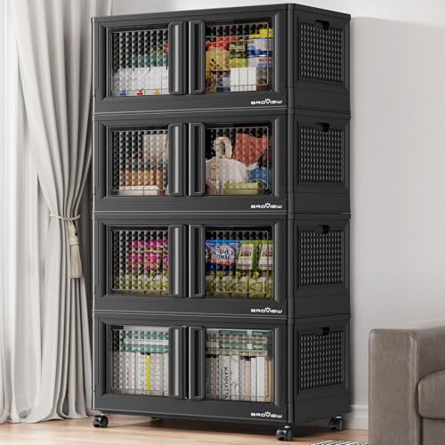 BROVIEW 400Qt Stackable Storage Bins with Lids, 100Gal Closet Organizers and Storage Drawer, Plastic Collapsible Storage Bins with Doors, Heavy Duty Store Box Cabinet for Home Kitchen, 4Pack Black - color: Black, size: 100 GAL
