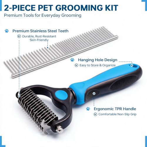 Pet Grooming Comb, Deshedding Dog Brush & Undercoat Rake, Blue - color: Blue