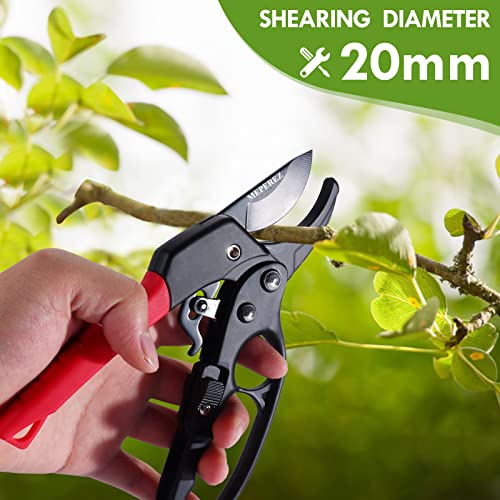 Germany Pruning Shears For Gardening, Arthritis Weak Hand Snips, 4x cutting power trimming, 1-Inch Cut Capacity Garden Clippers, Ergonomic handle, Rust resistant, high strength steel, Sharp - style: Reddish balck