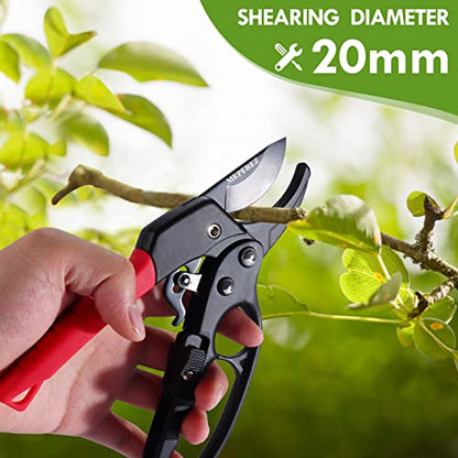 Germany Pruning Shears For Gardening, Arthritis Weak Hand Snips, 4x cutting power trimming, 1-Inch Cut Capacity Garden Clippers, Ergonomic handle, Rust resistant, high strength steel, Sharp - style: Reddish balck