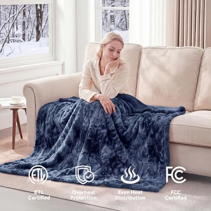 Westinghouse Heated Throw Blanket, Faux Fur with 6 Heating Levels, Indigo - color: Indigo, size: Throw 50" x 60"