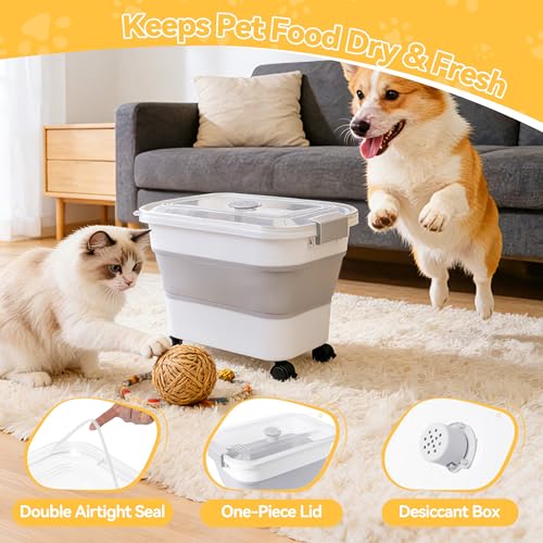 Dog Food Storage Container 25-30lbs, Airtight Pet Food Bin with Transparent Lid, Collapsible Design with Rolling Wheels & Scoop, Space-Saving, Light Gray - color: Light Gray-M
