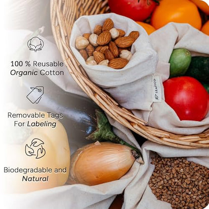 LEAFICO Organic Cotton Produce Bags - Medium 8x10 Inch (12 Bags) - Reusable Muslin Storage Bags with Drawstrings - Biodegradable Canvas Fabric - Perfect for Snacks, Clothes - size: Medium 8x10"