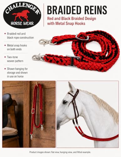CHALLENGER Roping Knotted Horse Tack Western Barrel Reins Rein Nylon Braided 8 Ft. Black WH 60703 - color: Red/Black
