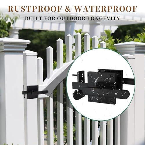Double Sided Gate Latch Aluminum, Heavy Duty Black Fence Gate Latch with Handles, Rust Proof Surface Mount Lock for Left Right Inswing Wooden Gates, Backyard Garden Shed (Right)