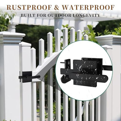 Double Sided Gate Latch Aluminum, Heavy Duty Black Fence Gate Latch with Handles, Rust Proof Surface Mount Lock for Left Right Inswing Wooden Gates, Backyard Garden Shed (Right)