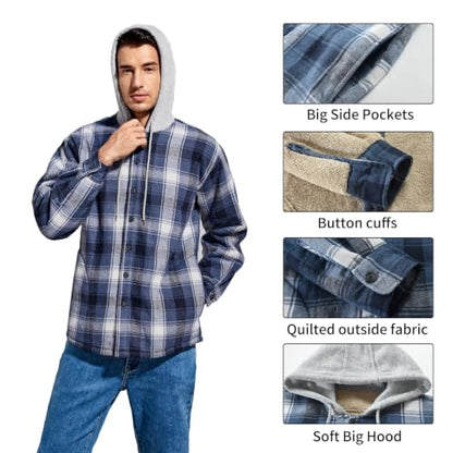 Men's Cotton Plaid Shirt Jacket Fleece Flannel Sherpa Button Down - color: Blue Block, size: Medium