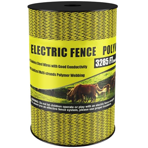 NQN Upgrade Electric Fence Polywire 3285FT,1000 Meters, 6 Stainless Steel Strands for Reliable Conductivity, Portable Electric Fencing, UV Resistant, Rust Resistant, Highly conductive, Easy to Install - size: 3285 Feet