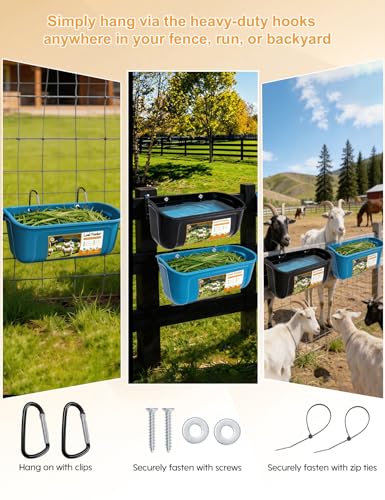4 Pack Goat Feeders Hanging with Heavy Duty Carabiner for Fence,Large Capacity Sheep Feeder,No Mess Goat Water Trough, Easy to Install, Holds a Lot of Food