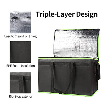 Bodaon Insulated Food Delivery Bag, XXX-Large Insulated Pizza Delivery Bags, Black with Green Edge, 1-Pack | Pizza Delivery Bags for Hot and Cold Food, Commercial, Large Capacity, Catering Cooler Bag for Rideshare, Warmers for Parties - color: Black-green