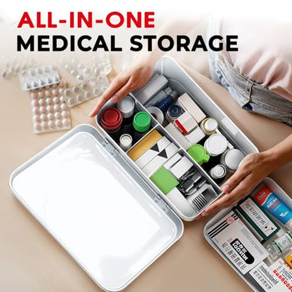 Plexon 8.5" Metal First Aid Box Empty, Medicine Storage Bin with Lid, Emergency Supplies Organizer, Portable First Aid Kit Case, White - color: White