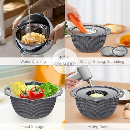 4-1 Colander with Lid Set - Rotatable Strainer With Bowl(Patented), Pasta Strainer with New Upgraded Graters, Strainer And Colanders, Fruit Cleaner, Veggie Wash, Apartment Kitchen Gadgets - Grey - color: Dark Gray