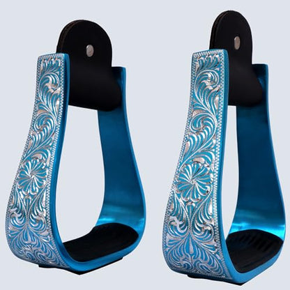 HILASON Western Aluminum Horse Riding Stirrups – Engraved Floral Design with Rubber Tread - color: Turquoise