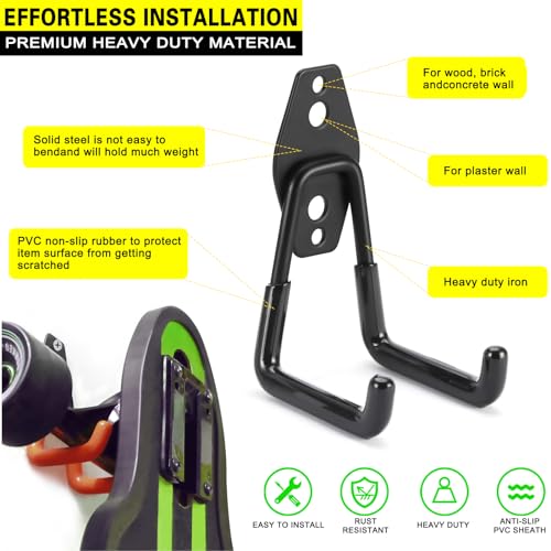 2 Pack Garage Hooks Heavy Duty Storage Organizer Wall Mount Power and Garden Tool Hangers, for Hanging Ladders, Ropes, Hose, Bulk Items - color: Black 2 pack