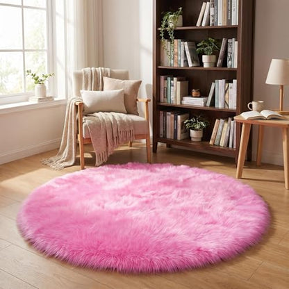 duduta Hot Pink Faux Fur Sheepskin Round Rug 4x4 ft, Fluffy Shag Circle Rug - color: Hot Pink, size: 4' x 4'