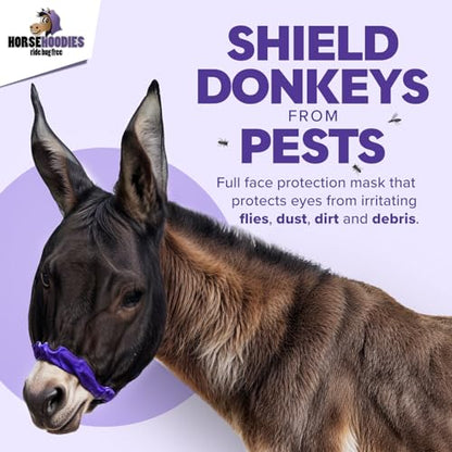 Donkey Fly Mask with Long Ears (Purple) Half Hoodie for Standard Donkey, Made in USA - Mule Fly Mask with Ears Protection from Insects and Bugs, Face Cover Soft Mesh Fabric with Adjustable Fastener - color: Purple, size: Large Donkey