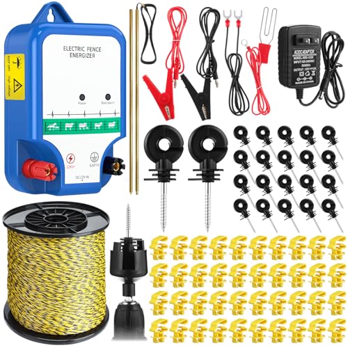 MorningRo 8 Mile Electric Fence for Livestock, 12kv 2j Electric Fence Charger, 3366 ft Polywire, 40 T Post Insulator, 20 Screw in Insulator for Horse Cattle Pasture